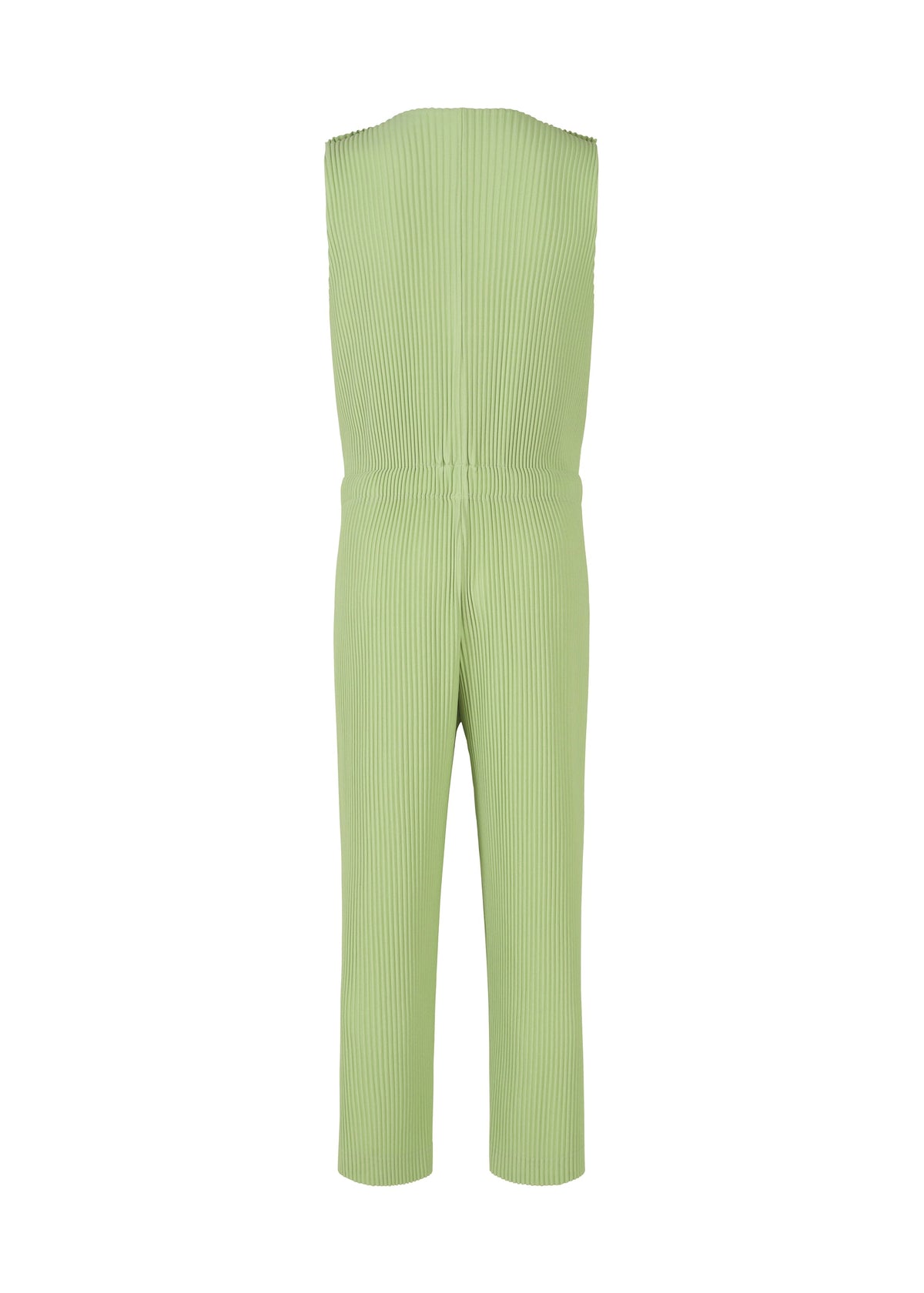 The HOMME PLISSÉ ISSEY MIYAKE PLEATS BOTTOMS 2 are shown from the back in light green, featuring vertical ribbing, a fitted drawstring waist, practical pockets, and straight ankle-length legs. view 4 of 7