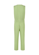 The HOMME PLISSÉ ISSEY MIYAKE PLEATS BOTTOMS 2 are shown from the back in light green, featuring vertical ribbing, a fitted drawstring waist, practical pockets, and straight ankle-length legs.