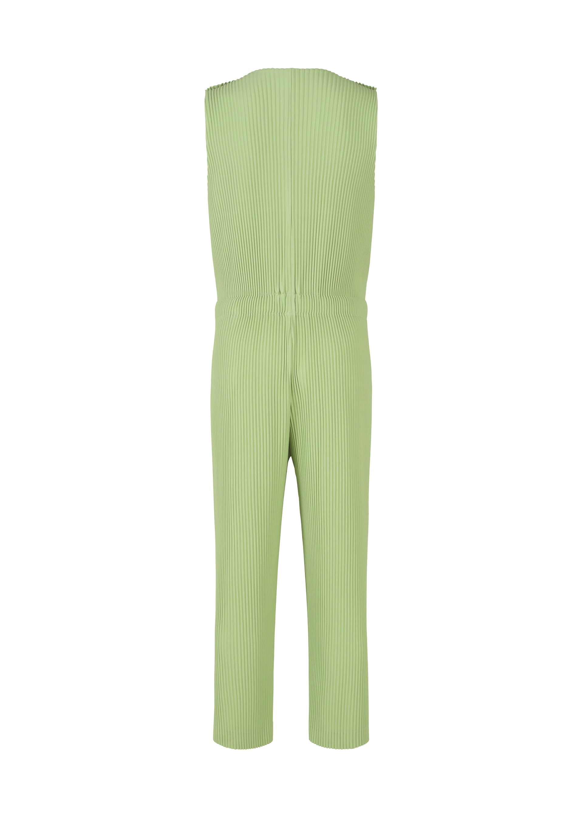 Zoomed view The HOMME PLISSÉ ISSEY MIYAKE PLEATS BOTTOMS 2 are shown from the back in light green, featuring vertical ribbing, a fitted drawstring waist, practical pockets, and straight ankle-length legs.