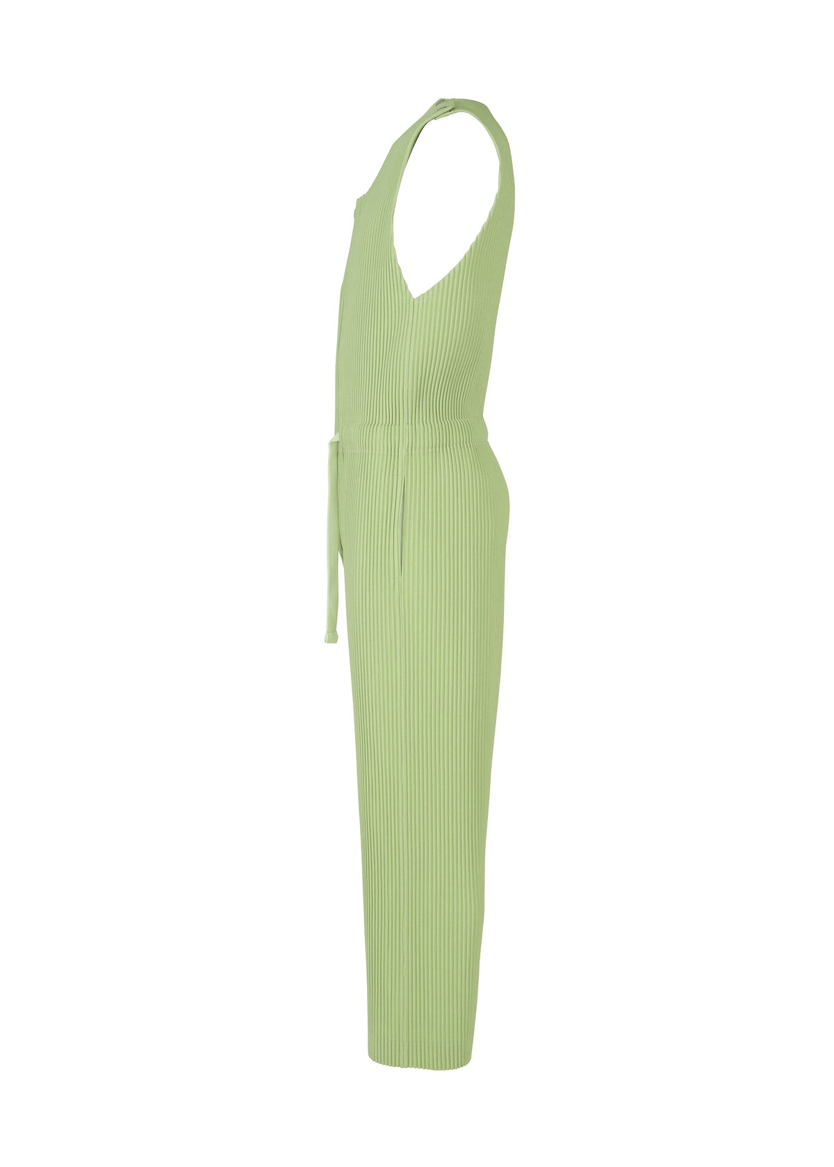 Side view of HOMME PLISSÉ ISSEY MIYAKE PLEATS BOTTOMS 2, a sleeveless, light green ribbed jumpsuit with a V-neckline, drawstring waist, straight-leg pants, subtle pockets; shown on a plain white background. view 5 of 7