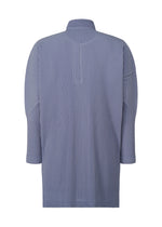 The MONTHLY COLORS : FEBRUARY long-sleeved shirt by HOMME PLISSÉ ISSEY MIYAKE features vertical blue and white pinstripes, shown from the back on a plain white background—ideal as a stylish and comfortable jacket inner layer.