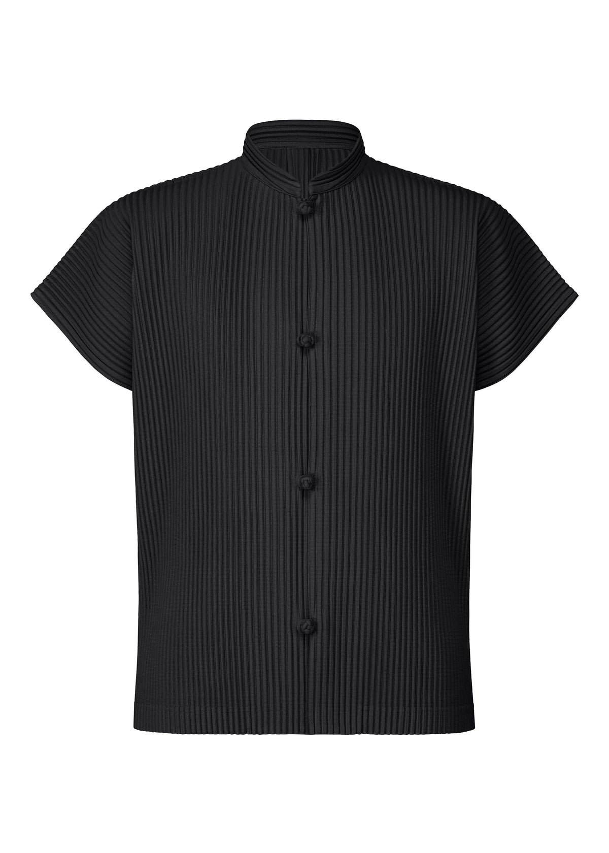 The MONTHLY COLORS : APRIL shirt by HOMME PLISSÉ ISSEY MIYAKE is a lightweight, short-sleeved black pleated shirt with a band collar, four Chinese-style buttons, vertical ribbed texture, and a loose boxy fit. view 1 of 6