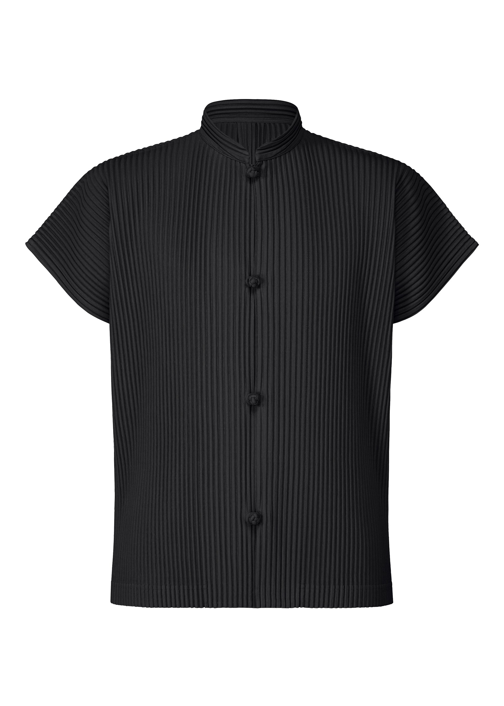 Zoomed view The MONTHLY COLORS : APRIL shirt by HOMME PLISSÉ ISSEY MIYAKE is a lightweight, short-sleeved black pleated shirt with a band collar, four Chinese-style buttons, vertical ribbed texture, and a loose boxy fit. - BLACK (no.15)