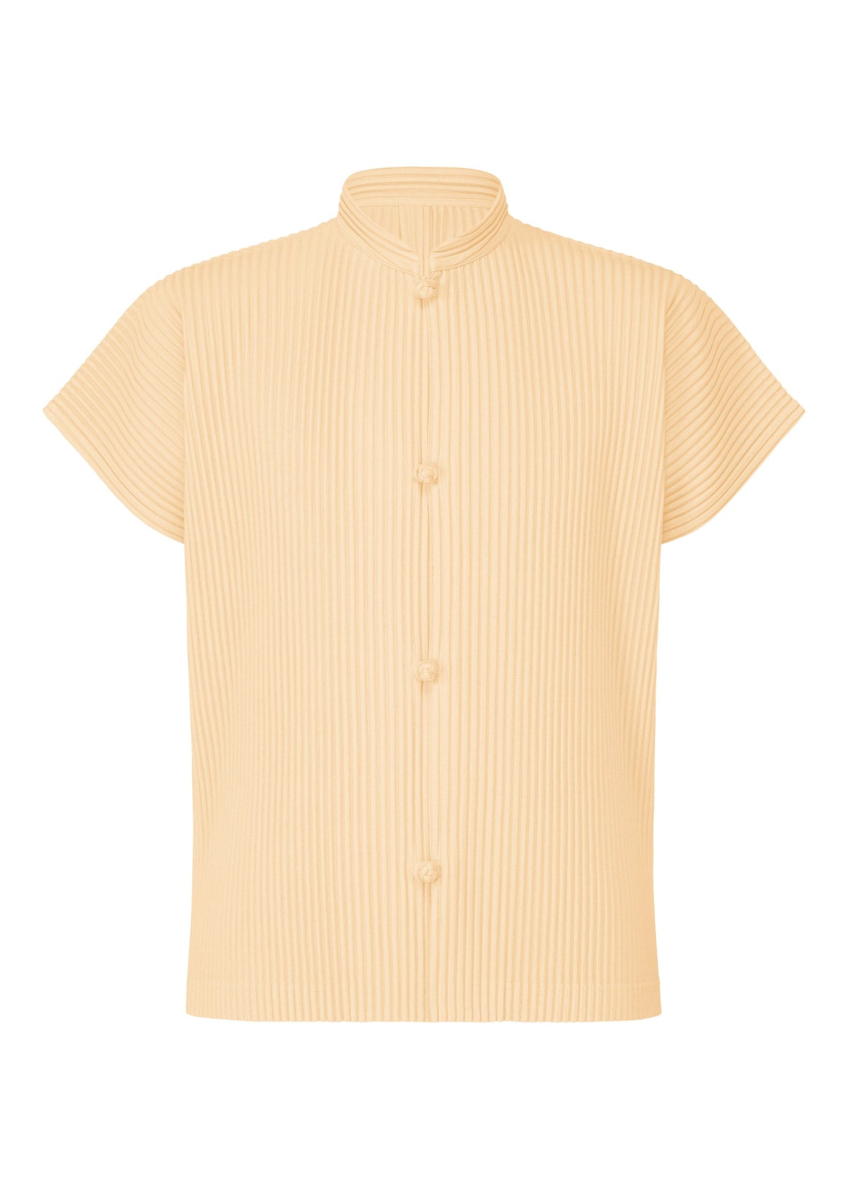 The MONTHLY COLORS : APRIL shirt by HOMME PLISSÉ ISSEY MIYAKE is a lightweight, light beige pleated shirt with short sleeves, a mandarin collar, Chinese-style front buttons, and a subtle vertical stripe texture. view 2 of 6