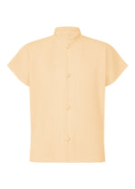 The MONTHLY COLORS : APRIL shirt by HOMME PLISSÉ ISSEY MIYAKE is a lightweight, light beige pleated shirt with short sleeves, a mandarin collar, Chinese-style front buttons, and a subtle vertical stripe texture. - PIZZA DOUGH BEIGE (no.43)