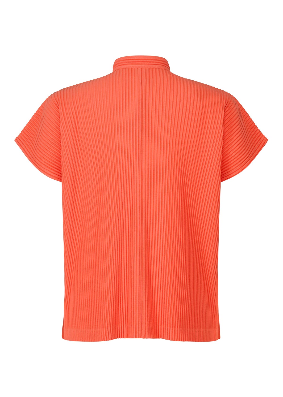 Back view of the MONTHLY COLORS : APRIL short-sleeve pleated blouse in bright orange by HOMME PLISSÉ ISSEY MIYAKE, featuring a slight collar, loose fit, and lightweight design for comfort. view 3 of 6