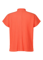 Back view of the MONTHLY COLORS : APRIL short-sleeve pleated blouse in bright orange by HOMME PLISSÉ ISSEY MIYAKE, featuring a slight collar, loose fit, and lightweight design for comfort.
