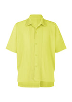 The HOMME PLISSÉ ISSEY MIYAKE MONTHLY COLORS : MAY shirt is lightweight and comfortable, with short sleeves, an open collar, and bright yellow-green pleated polyester fabric that dries quickly for all-day style. - ZUCCHINI YELLOW (no.53)