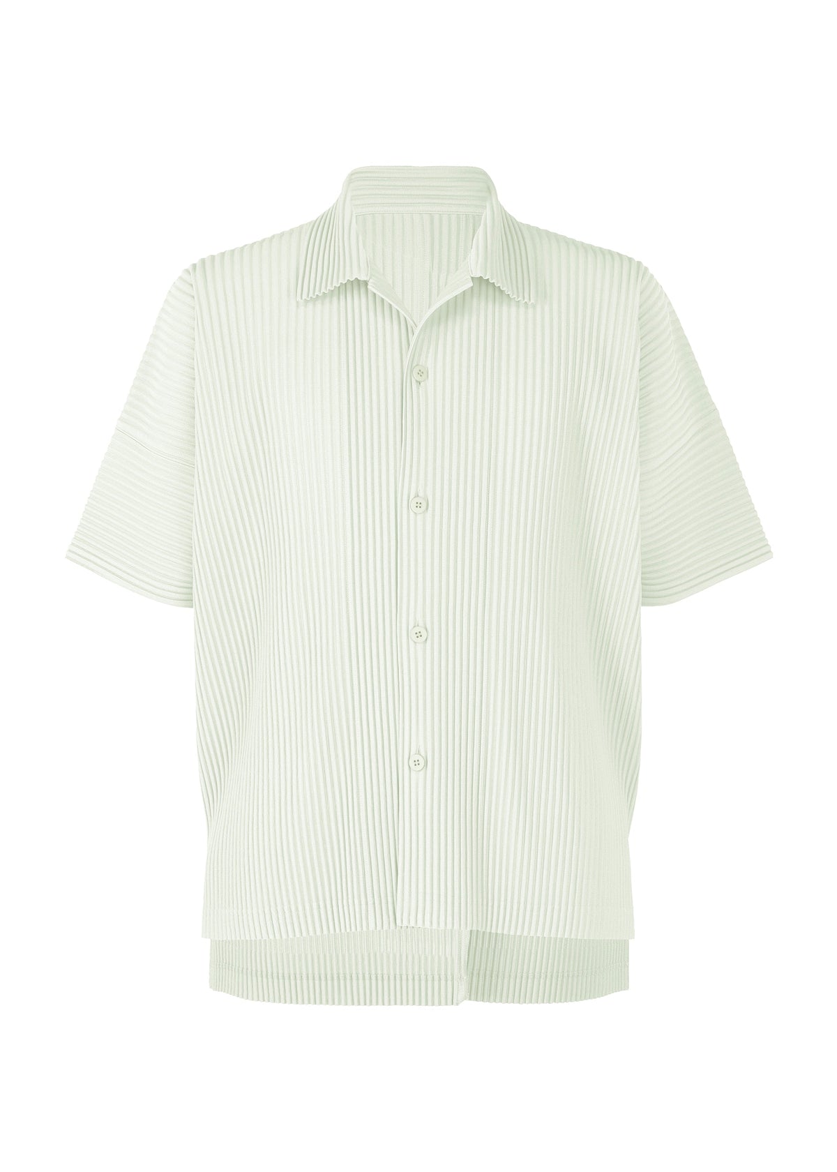 The MONTHLY COLORS : MAY shirt by HOMME PLISSÉ ISSEY MIYAKE is light green with short sleeves, an open collar, and vertical pinstripes. Made of quick-drying polyester for comfort and shown on a plain white background. view 3 of 7