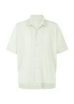 The MONTHLY COLORS : MAY shirt by HOMME PLISSÉ ISSEY MIYAKE is light green with short sleeves, an open collar, and vertical pinstripes. Made of quick-drying polyester for comfort and shown on a plain white background. - DUOMO GREEN (no.60)