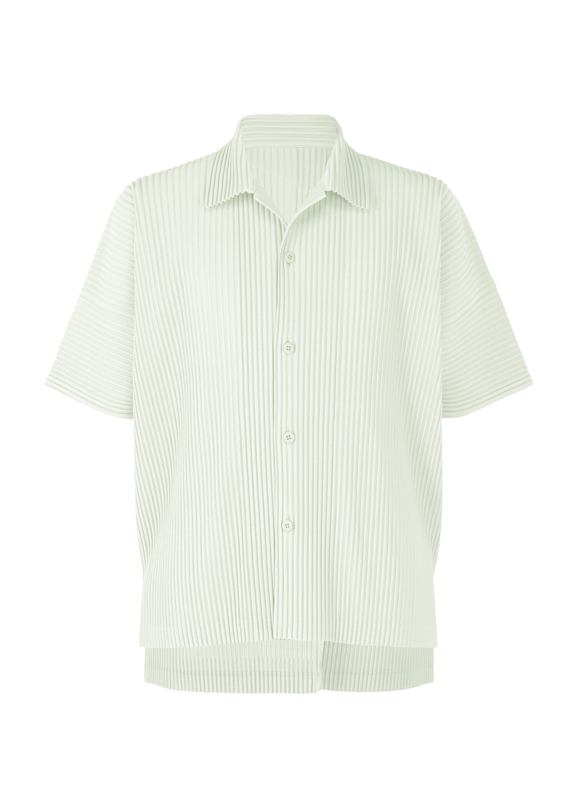 Zoomed view The MONTHLY COLORS : MAY shirt by HOMME PLISSÉ ISSEY MIYAKE is light green with short sleeves, an open collar, and vertical pinstripes. Made of quick-drying polyester for comfort and shown on a plain white background. - DUOMO GREEN (no.60)