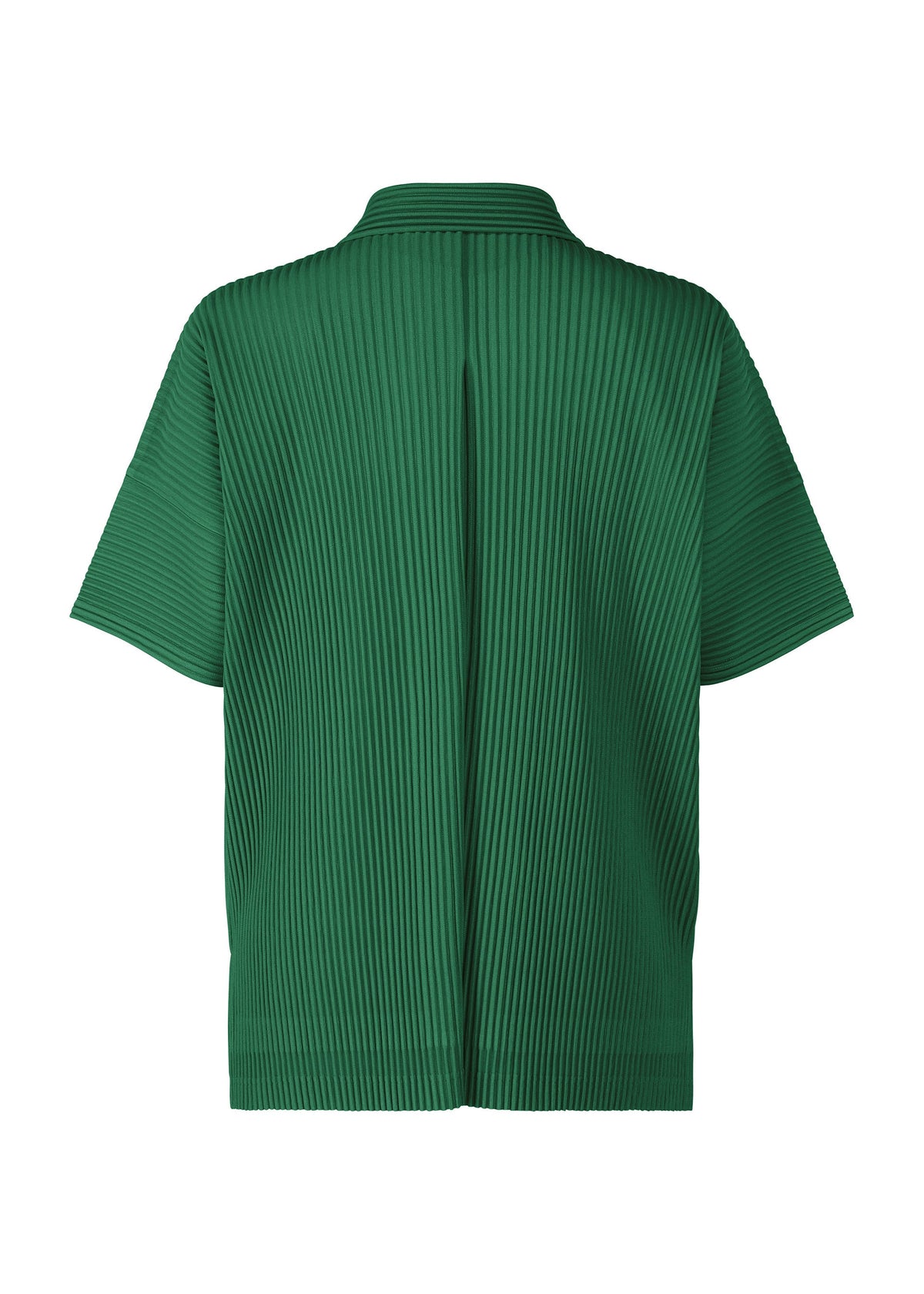 HOMME PLISSÉ ISSEY MIYAKE MONTHLY COLORS : MAY—short-sleeve, loose-fit green open collar shirt with vertical pleats, shown from the back. Made of quick-dry polyester for comfort and style. view 5 of 7