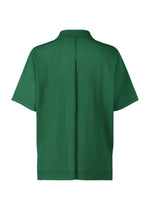 HOMME PLISSÉ ISSEY MIYAKE MONTHLY COLORS : MAY—short-sleeve, loose-fit green open collar shirt with vertical pleats, shown from the back. Made of quick-dry polyester for comfort and style.