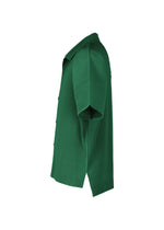 Side view of the green MONTHLY COLORS : MAY shirt by HOMME PLISSÉ ISSEY MIYAKE, featuring short sleeves, an open collar, and quick-drying textured polyester with vertical stripes, displayed on a plain white background.