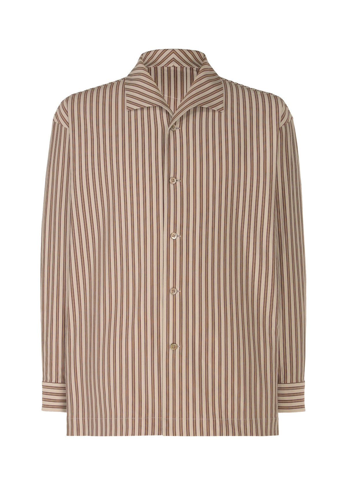 The STRIPE JERSEY by HOMME PLISSÉ ISSEY MIYAKE is a long-sleeved, button-up shirt with vertical brown and beige stripes, Italian collar, and straight cuffs, shown against a white background. view 1 of 8