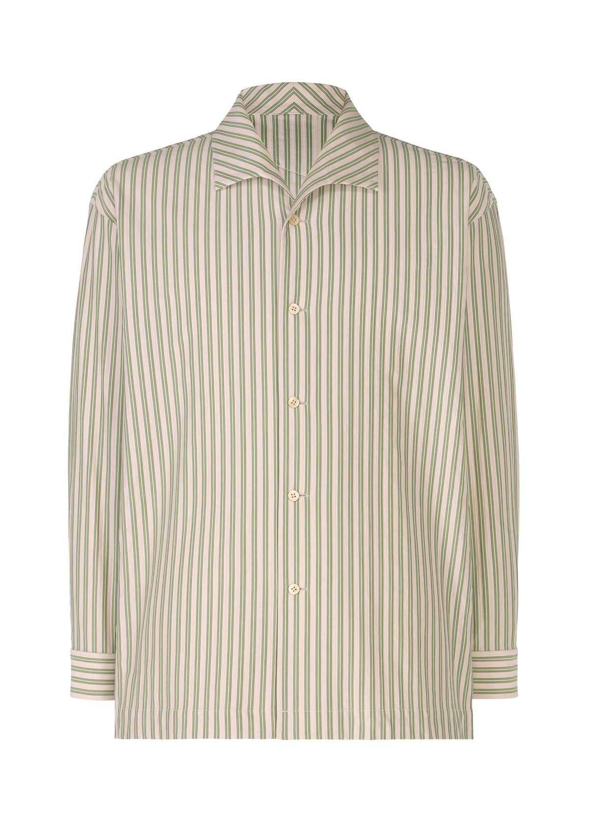 The STRIPE JERSEY by HOMME PLISSÉ ISSEY MIYAKE is a relaxed-fit, long-sleeve button-up shirt with vertical green and beige stripes on white, light-colored buttons, a notched collar, and a striped pattern. view 2 of 8