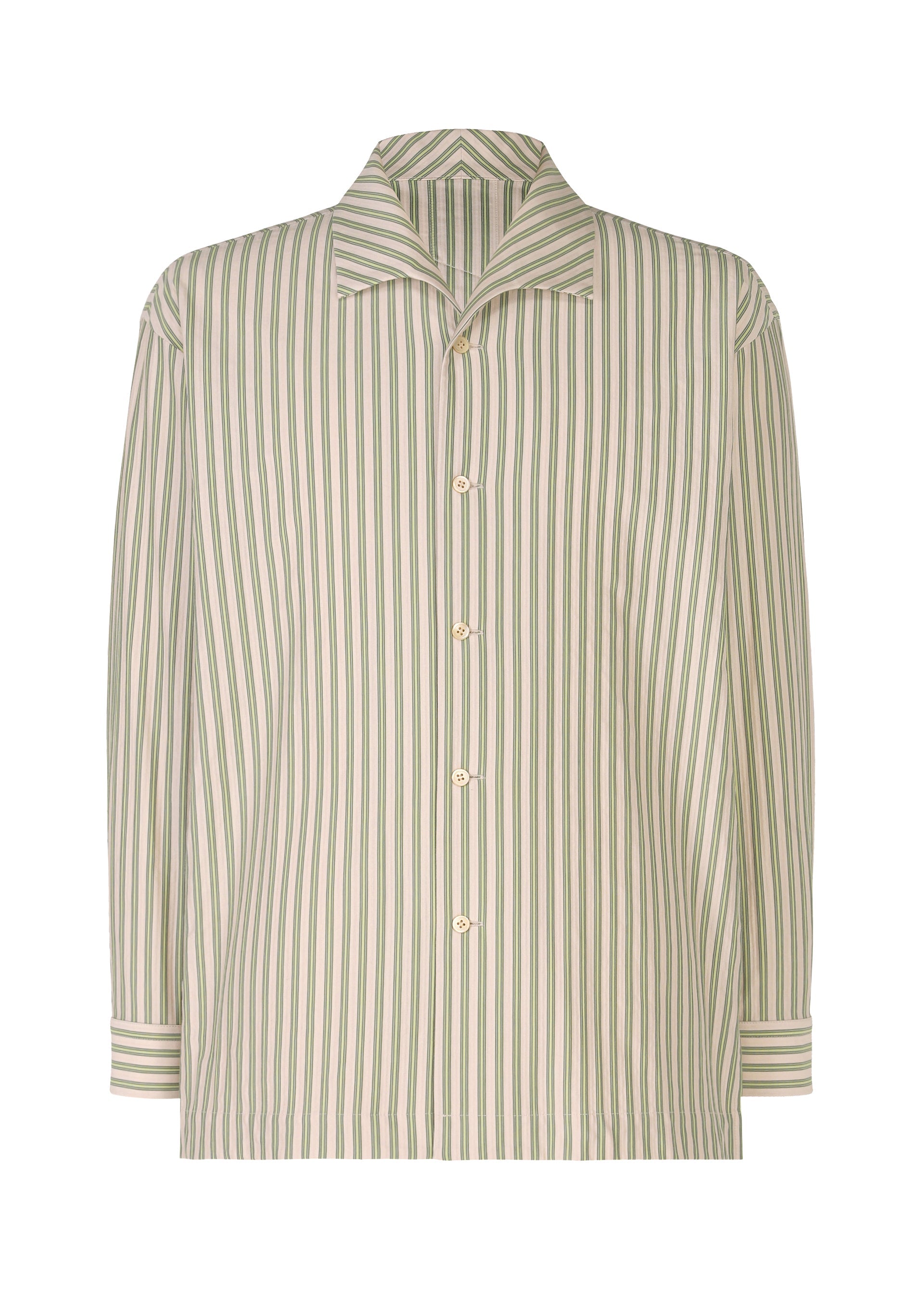 Zoomed view The STRIPE JERSEY by HOMME PLISSÉ ISSEY MIYAKE is a relaxed-fit, long-sleeve button-up shirt with vertical green and beige stripes on white, light-colored buttons, a notched collar, and a striped pattern. - GREEN (no.62)