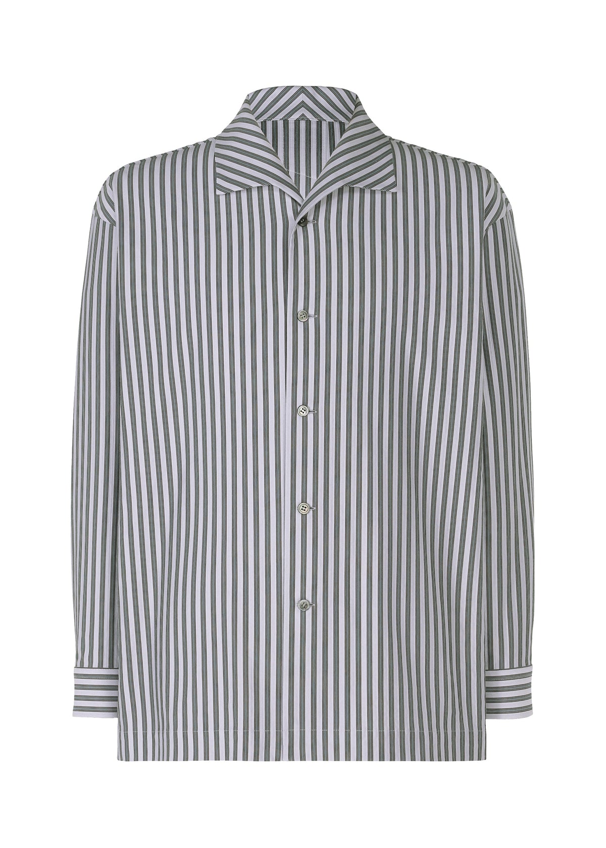 The STRIPE JERSEY by HOMME PLISSÉ ISSEY MIYAKE is a long-sleeve shirt with an Italian collar, vertical black, white, and gray stripes, a relaxed fit, and a single chest pocket for stylish detail. view 3 of 8