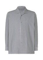 The STRIPE JERSEY by HOMME PLISSÉ ISSEY MIYAKE is a long-sleeve shirt with an Italian collar, vertical black, white, and gray stripes, a relaxed fit, and a single chest pocket for stylish detail. - BLUE (no.72)
