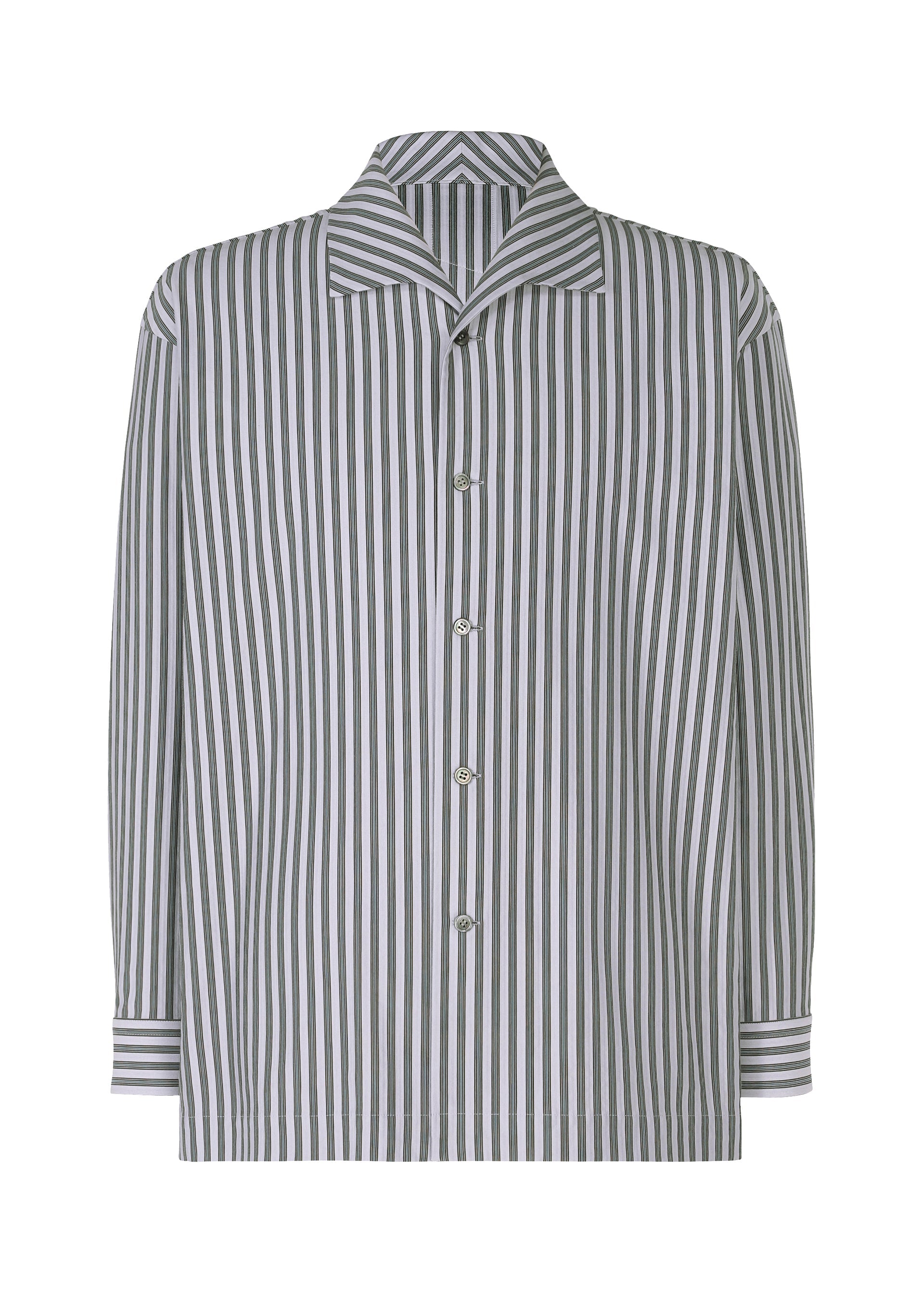 Zoomed view The STRIPE JERSEY by HOMME PLISSÉ ISSEY MIYAKE is a long-sleeve shirt with an Italian collar, vertical black, white, and gray stripes, a relaxed fit, and a single chest pocket for stylish detail. - BLUE (no.72)