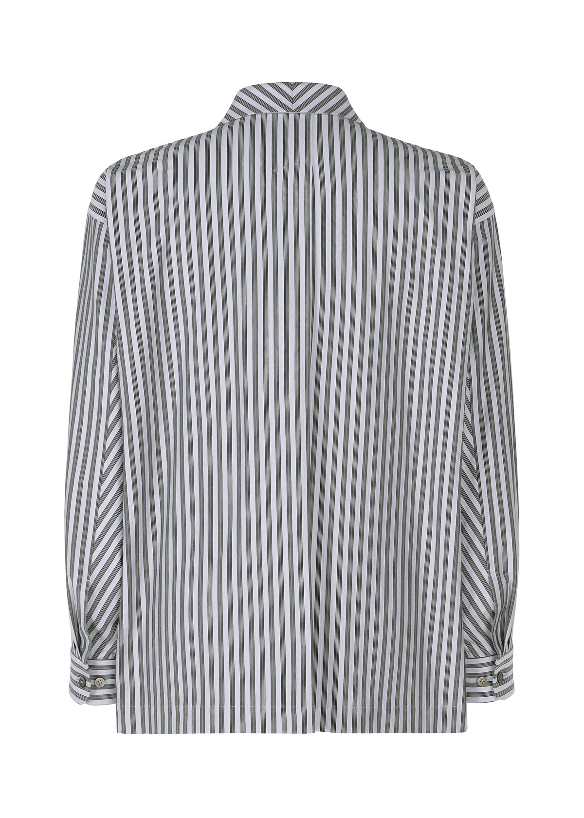 Back view of the HOMME PLISSÉ ISSEY MIYAKE STRIPE JERSEY shirt, featuring vertical black and white stripes, buttoned cuffs, an Italian collar, relaxed fit, and a central back pleat. view 4 of 8