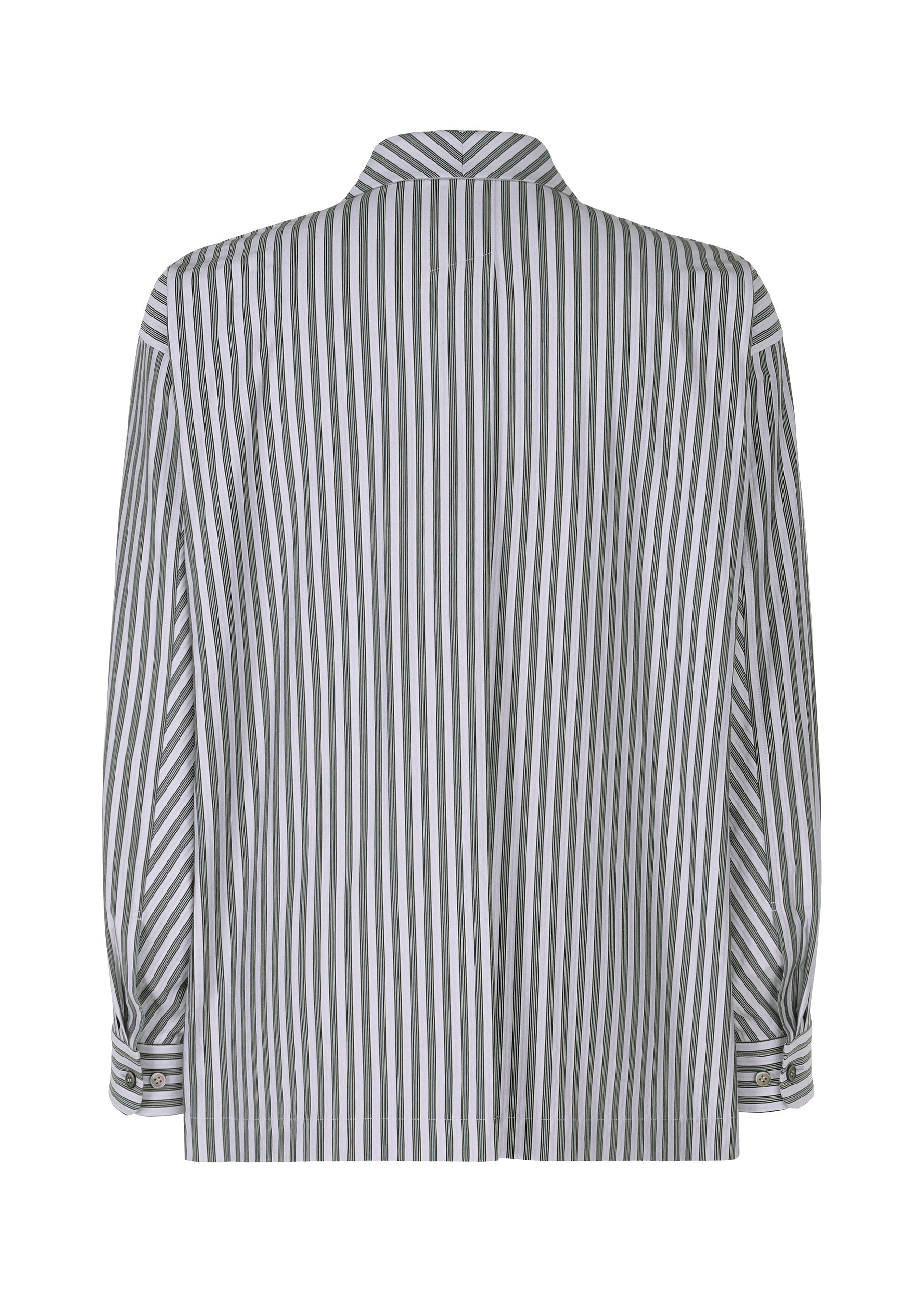 Zoomed view Back view of the HOMME PLISSÉ ISSEY MIYAKE STRIPE JERSEY shirt, featuring vertical black and white stripes, buttoned cuffs, an Italian collar, relaxed fit, and a central back pleat.