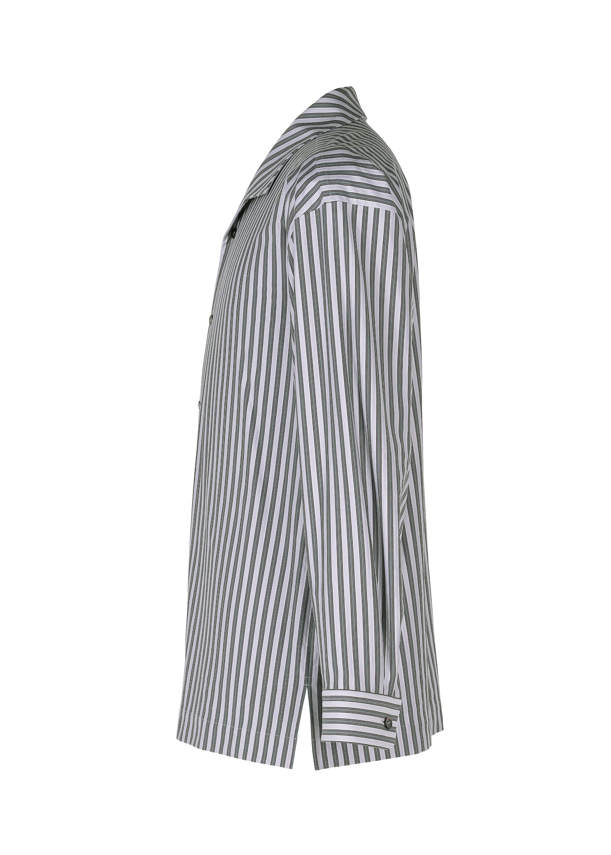 Side view of the STRIPE JERSEY shirt by HOMME PLISSÉ ISSEY MIYAKE, a long-sleeve Italian collar piece with vertical black and white stripes, button-up front, and buttoned cuffs for a timeless look. view 5 of 8
