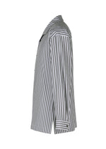 Side view of the STRIPE JERSEY shirt by HOMME PLISSÉ ISSEY MIYAKE, a long-sleeve Italian collar piece with vertical black and white stripes, button-up front, and buttoned cuffs for a timeless look.