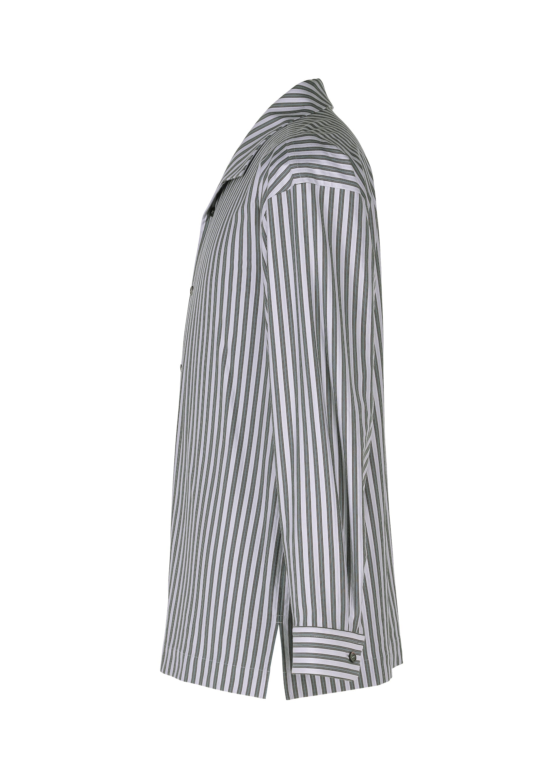 Zoomed view Side view of the STRIPE JERSEY shirt by HOMME PLISSÉ ISSEY MIYAKE, a long-sleeve Italian collar piece with vertical black and white stripes, button-up front, and buttoned cuffs for a timeless look.