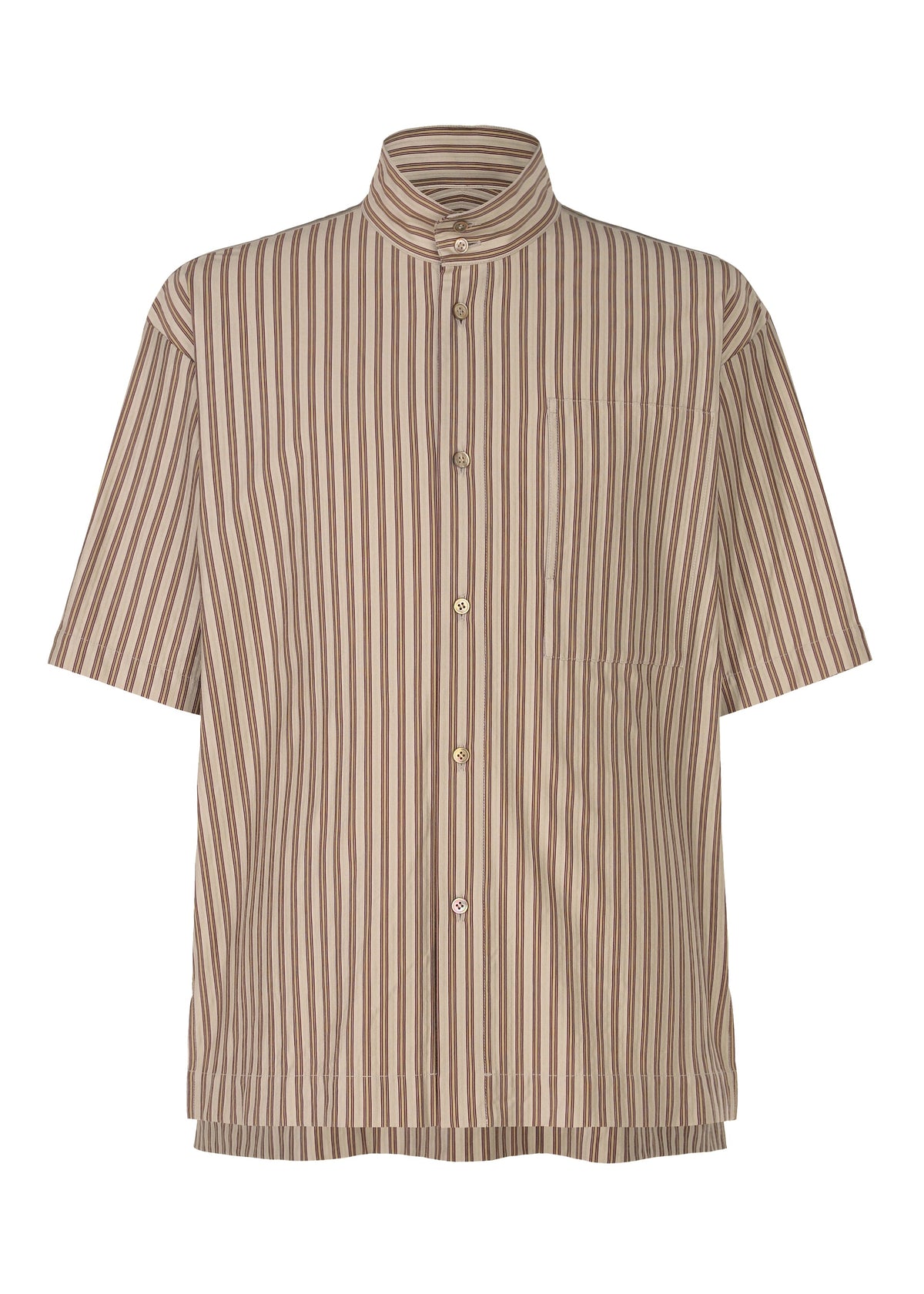 The STRIPE JERSEY by HOMME PLISSÉ ISSEY MIYAKE is a brown and beige short-sleeved shirt with stripes, a standing collar, and button-up front, shown against a plain white background. view 1 of 9