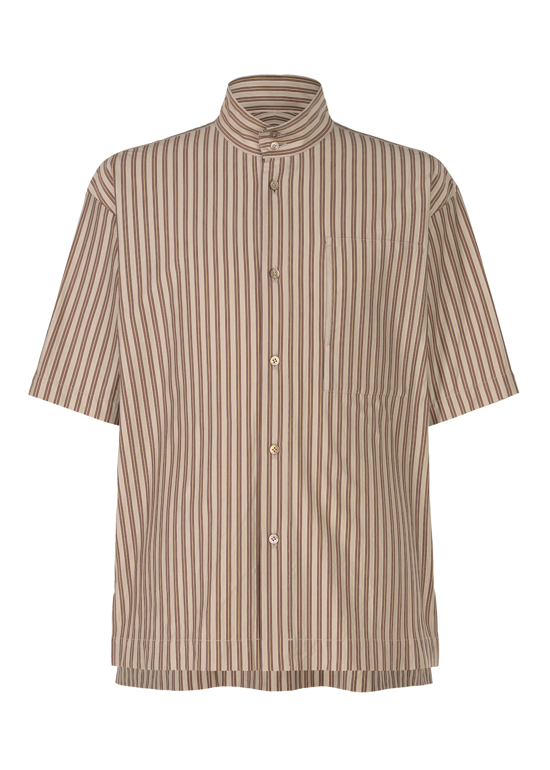Zoomed view The STRIPE JERSEY by HOMME PLISSÉ ISSEY MIYAKE is a brown and beige short-sleeved shirt with stripes, a standing collar, and button-up front, shown against a plain white background. - BROWN (no.44)
