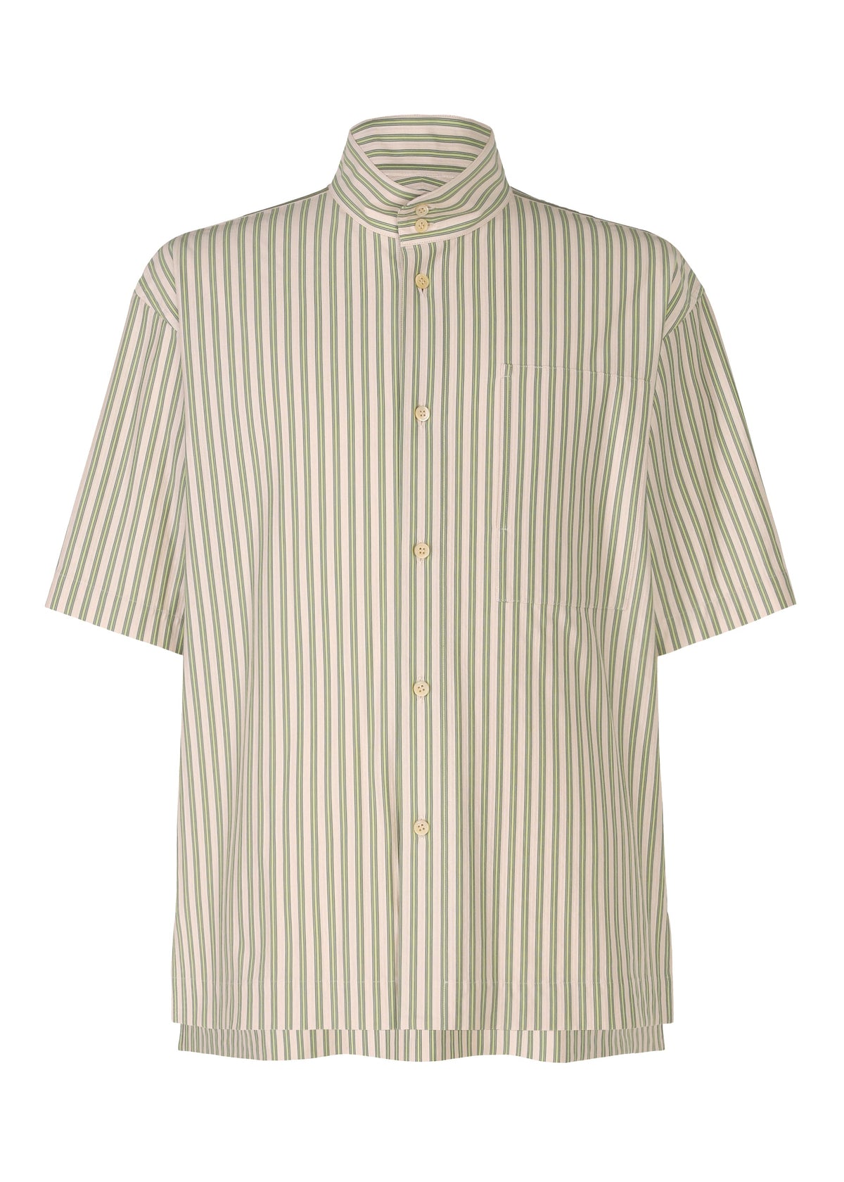 The STRIPE JERSEY by HOMME PLISSÉ ISSEY MIYAKE is a short-sleeved shirt with vertical green and white stripes, a standing collar, and a single chest pocket for a modern look. view 2 of 9