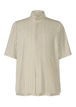 The STRIPE JERSEY by HOMME PLISSÉ ISSEY MIYAKE is a short-sleeved shirt with vertical green and white stripes, a standing collar, and a single chest pocket for a modern look. - GREEN (no.62)
