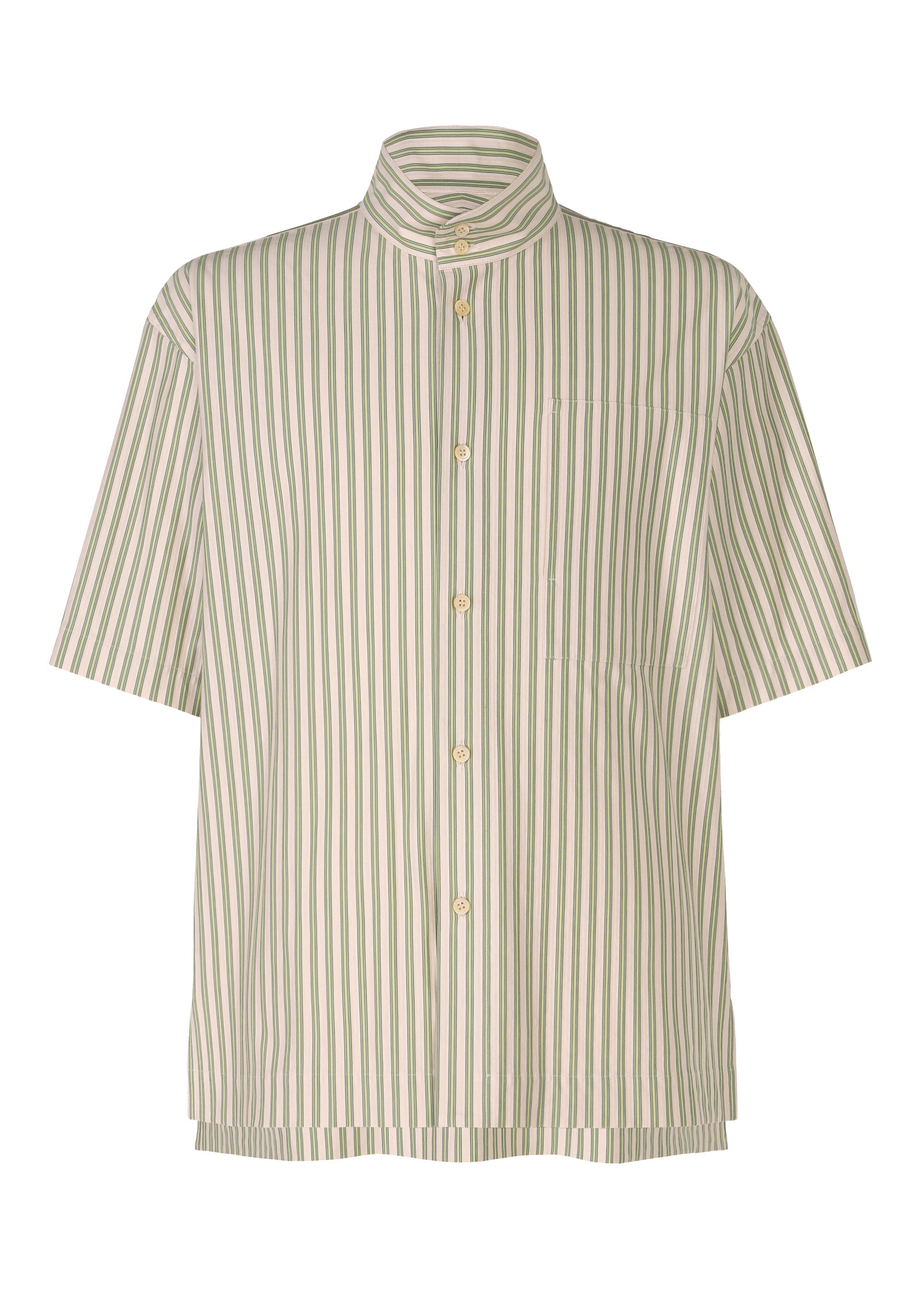 Zoomed view The STRIPE JERSEY by HOMME PLISSÉ ISSEY MIYAKE is a short-sleeved shirt with vertical green and white stripes, a standing collar, and a single chest pocket for a modern look. - GREEN (no.62)