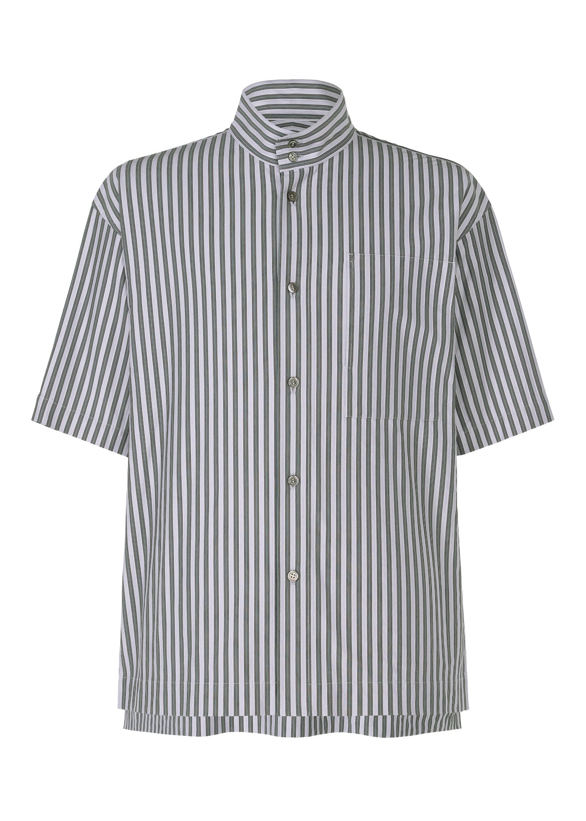 The STRIPE JERSEY by HOMME PLISSÉ ISSEY MIYAKE is a relaxed-fit, short-sleeved shirt with a standing collar, black and white vertical stripes, and a chest pocket—offering a balanced formal-casual style. view 3 of 9