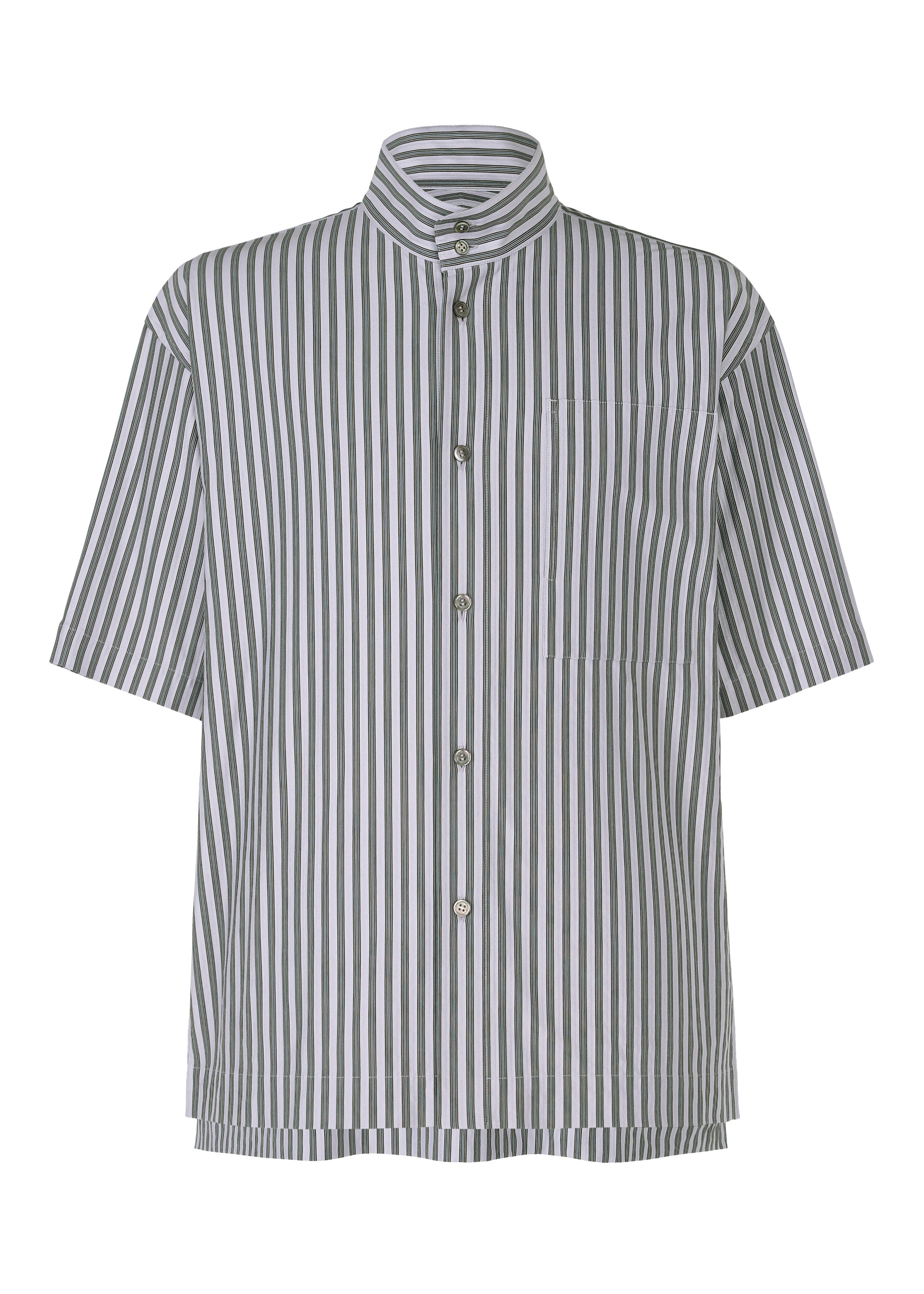 Zoomed view The STRIPE JERSEY by HOMME PLISSÉ ISSEY MIYAKE is a relaxed-fit, short-sleeved shirt with a standing collar, black and white vertical stripes, and a chest pocket—offering a balanced formal-casual style. - BLUE (no.72)