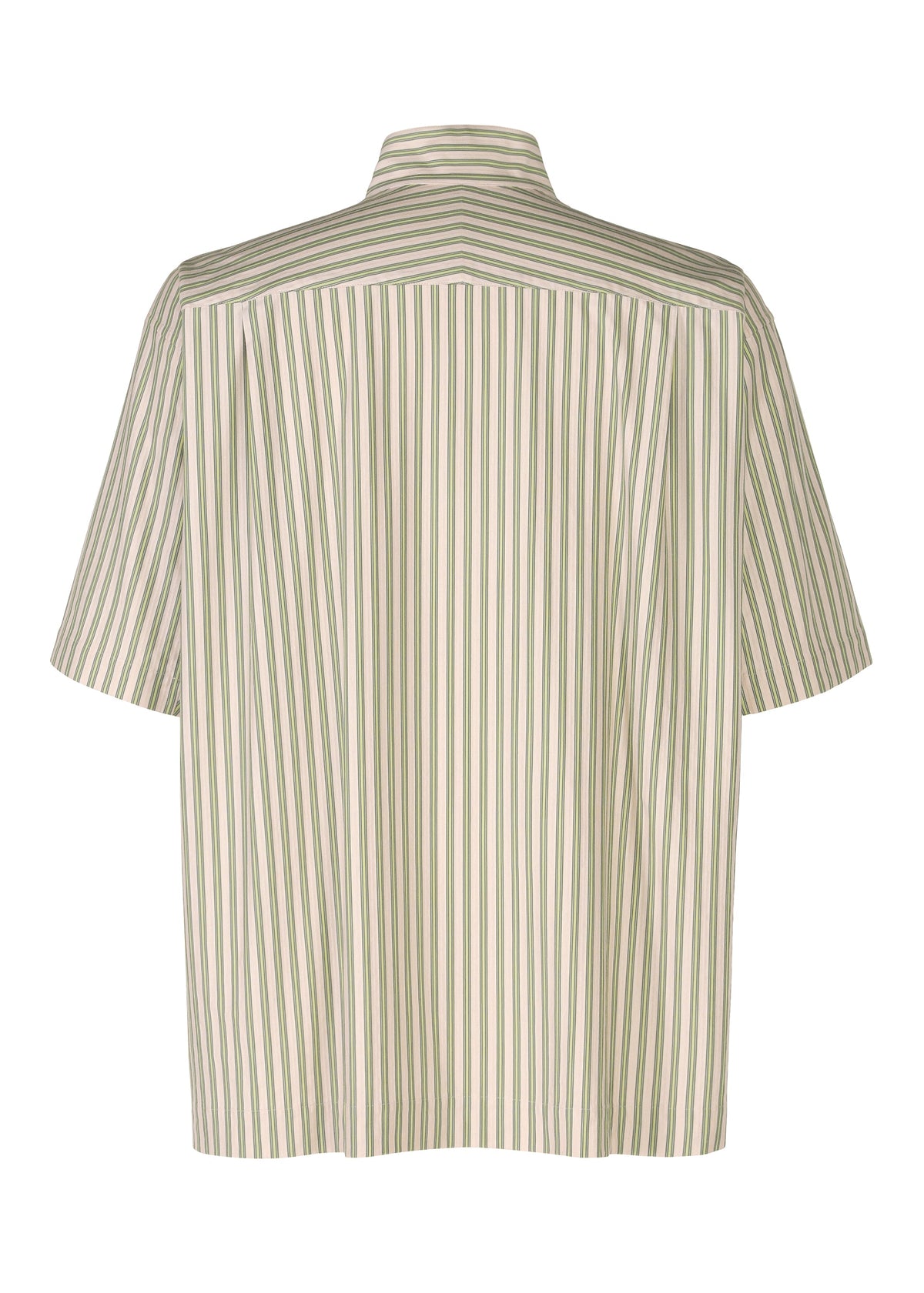 Back view of the STRIPE JERSEY by HOMME PLISSÉ ISSEY MIYAKE, a short-sleeved shirt with a standing collar and vertical green and brown stripes on a white background. view 4 of 9