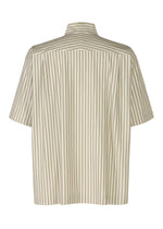 Back view of the STRIPE JERSEY by HOMME PLISSÉ ISSEY MIYAKE, a short-sleeved shirt with a standing collar and vertical green and brown stripes on a white background.