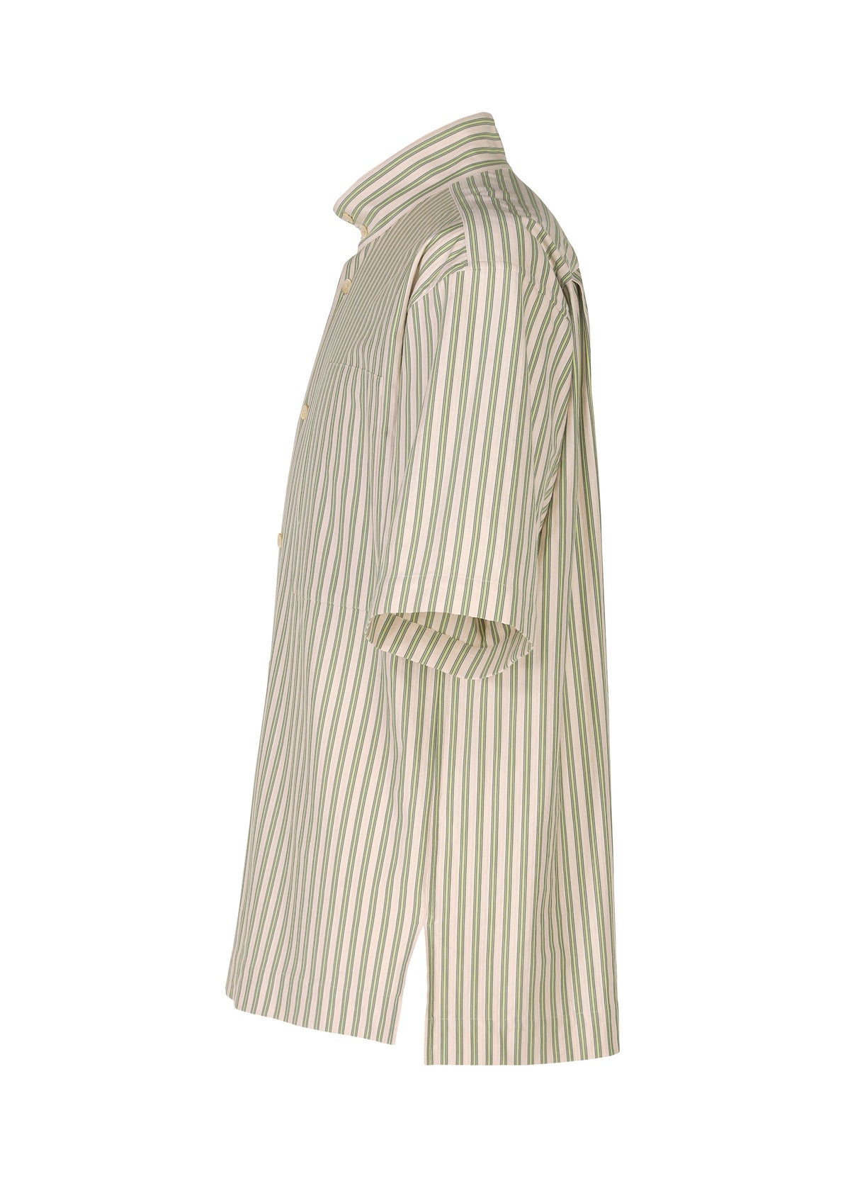 Side view of the HOMME PLISSÉ ISSEY MIYAKE STRIPE JERSEY, a short-sleeved shirt with green and beige stripes, standing collar, and relaxed fit, displayed against a white background. view 5 of 9
