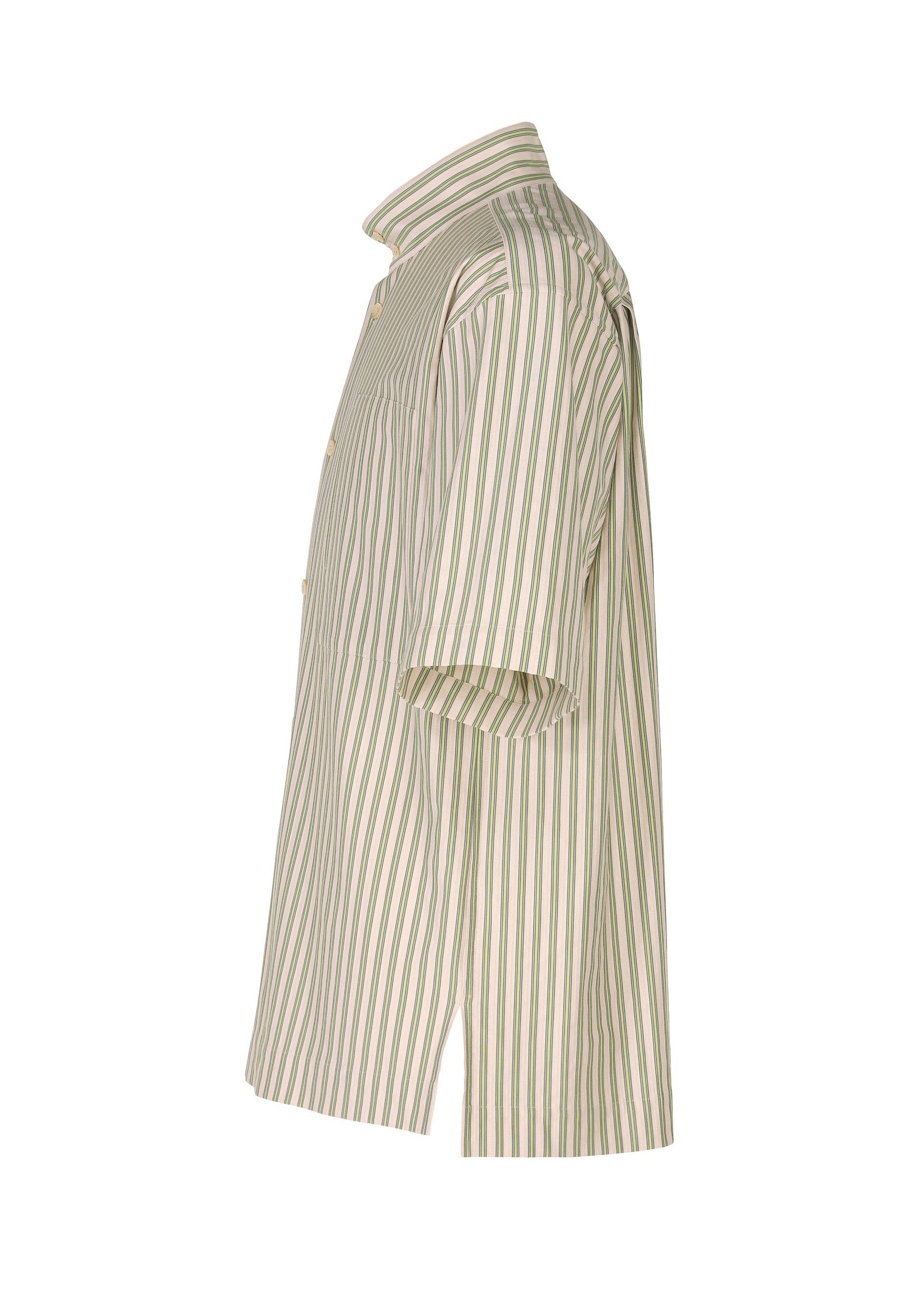 Zoomed view Side view of the HOMME PLISSÉ ISSEY MIYAKE STRIPE JERSEY, a short-sleeved shirt with green and beige stripes, standing collar, and relaxed fit, displayed against a white background.