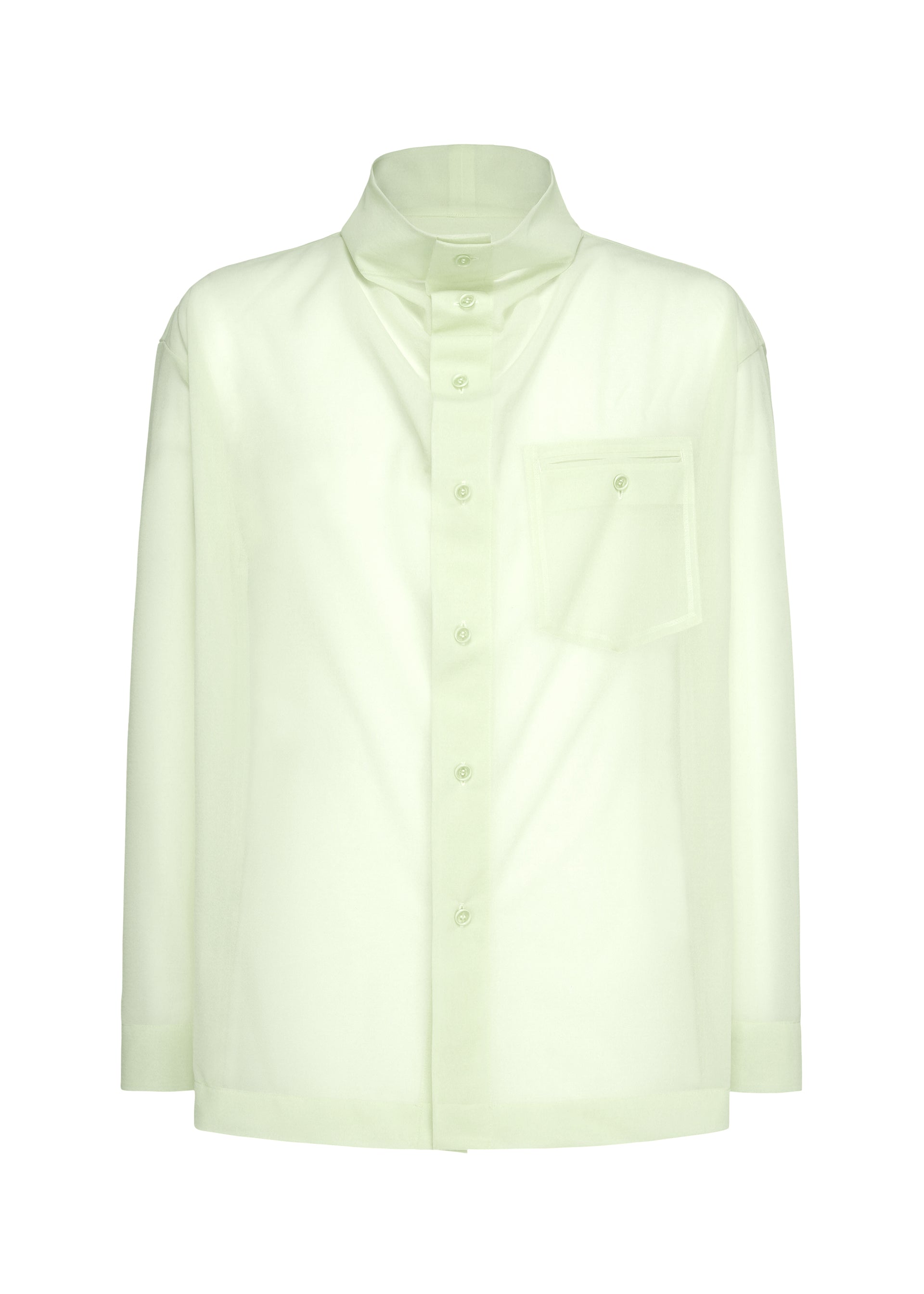 Zoomed view The CRYSTALLINE JERSEY by HOMME PLISSÉ ISSEY MIYAKE is a light green, sheer long-sleeve button-up shirt with a high collar and chest pocket, ideal for layering and shown against a white background. - WHITE GREEN （no.06）