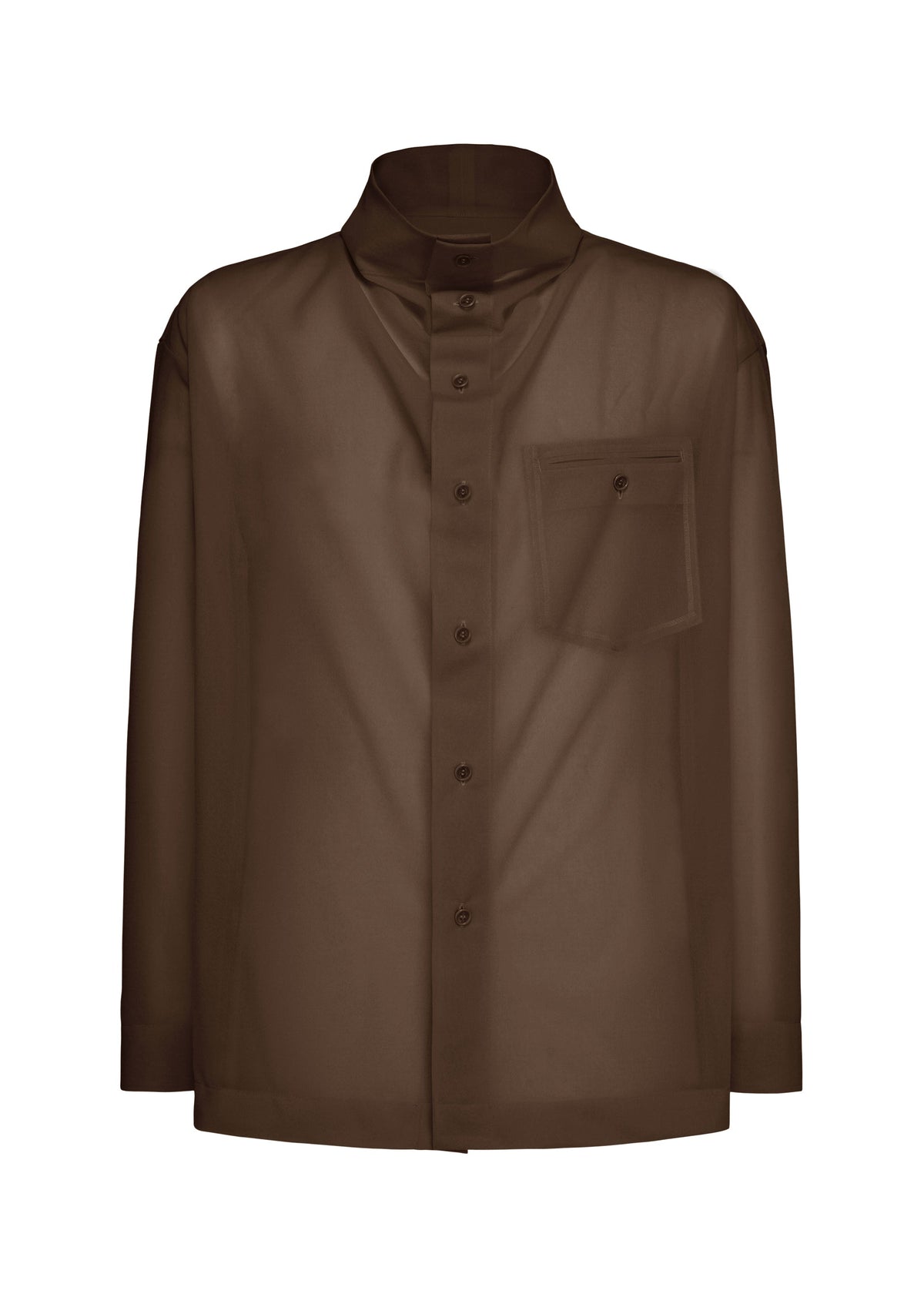 The CRYSTALLINE JERSEY by HOMME PLISSÉ ISSEY MIYAKE is a brown, long-sleeved sheer button-up shirt with a high collar and chest pocket, ideal for layering. Displayed against a white background. view 2 of 6