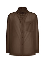 The CRYSTALLINE JERSEY by HOMME PLISSÉ ISSEY MIYAKE is a brown, long-sleeved sheer button-up shirt with a high collar and chest pocket, ideal for layering. Displayed against a white background. - BROWN （no.44）