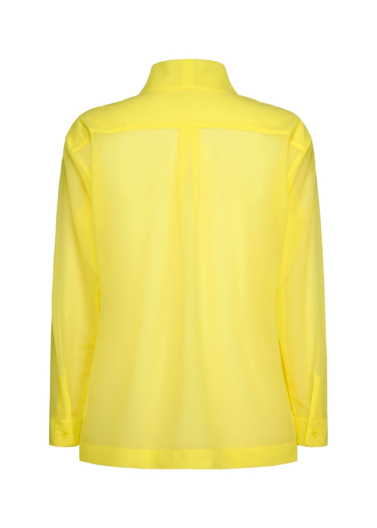 Back view of the CRYSTALLINE JERSEY by HOMME PLISSÉ ISSEY MIYAKE—a bright yellow sheer long-sleeved top with a high collar, buttoned cuffs, and a center back pleat, ideal for layering. view 3 of 6