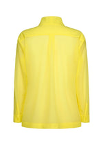 Back view of the CRYSTALLINE JERSEY by HOMME PLISSÉ ISSEY MIYAKE—a bright yellow sheer long-sleeved top with a high collar, buttoned cuffs, and a center back pleat, ideal for layering.