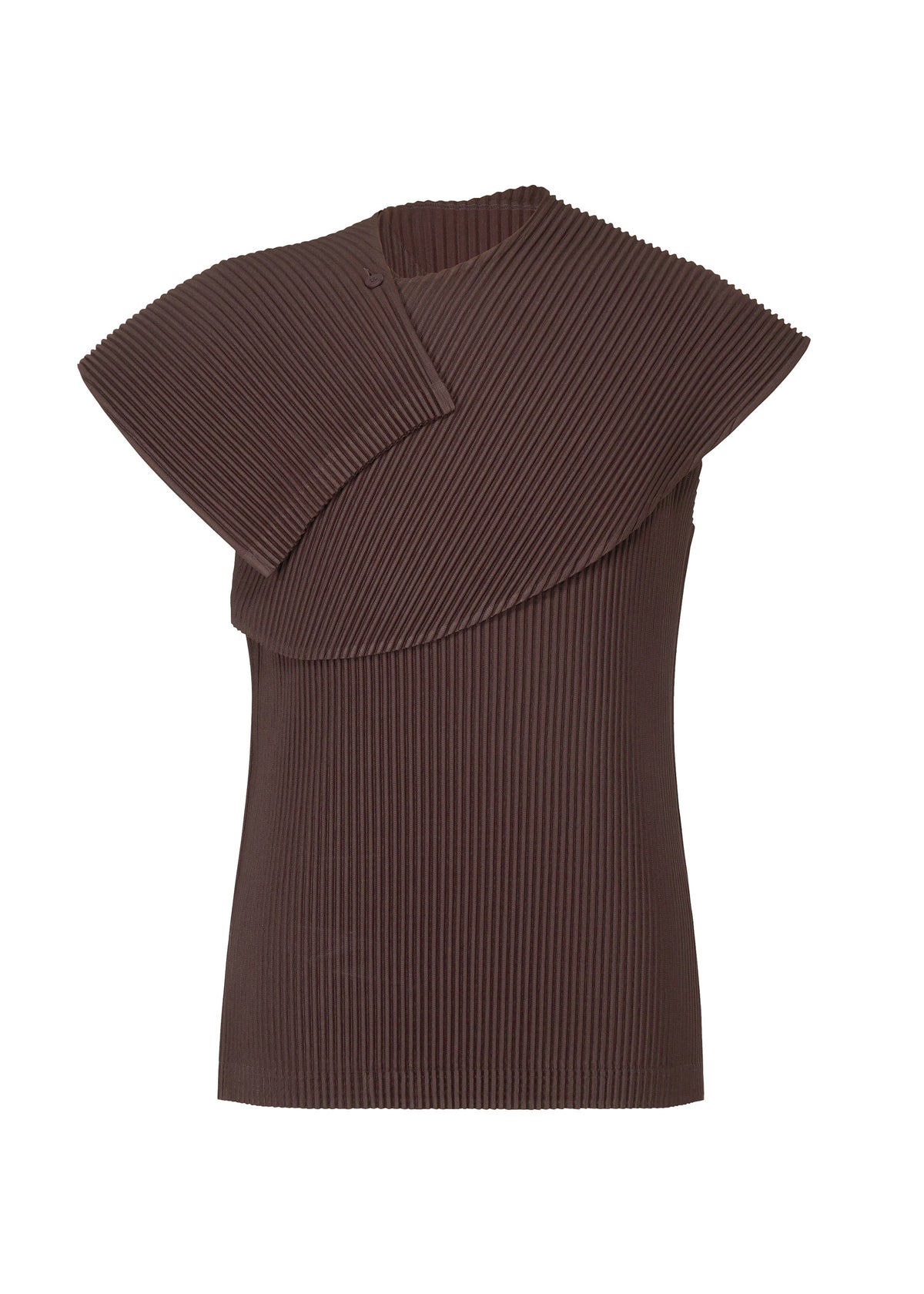 The MONTHLY COLORS : JANUARY top by HOMME PLISSÉ ISSEY MIYAKE is a brown asymmetrical sleeveless scarf wrap with fine vertical pleats, layered shoulders, and quick-drying polyester for a modern touch. view 3 of 7