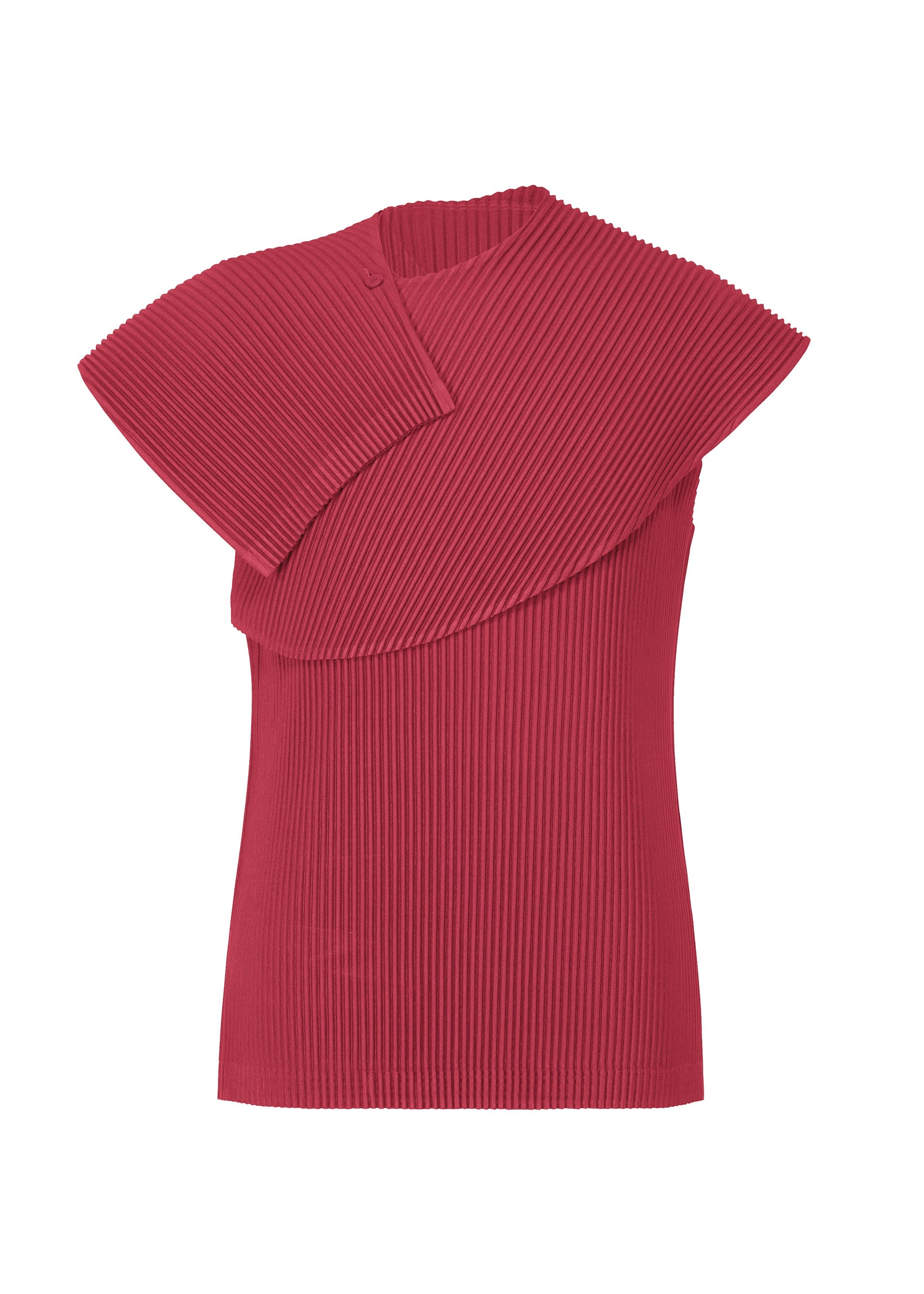 Zoomed view The MONTHLY COLORS : JANUARY top by HOMME PLISSÉ ISSEY MIYAKE is a sleeveless ribbed red wrap featuring an asymmetrical layered shoulder and diagonal chest pleats, made from quick-drying polyester for a modern sculptural style. - LIGURIA GRAPE RED （no.26）