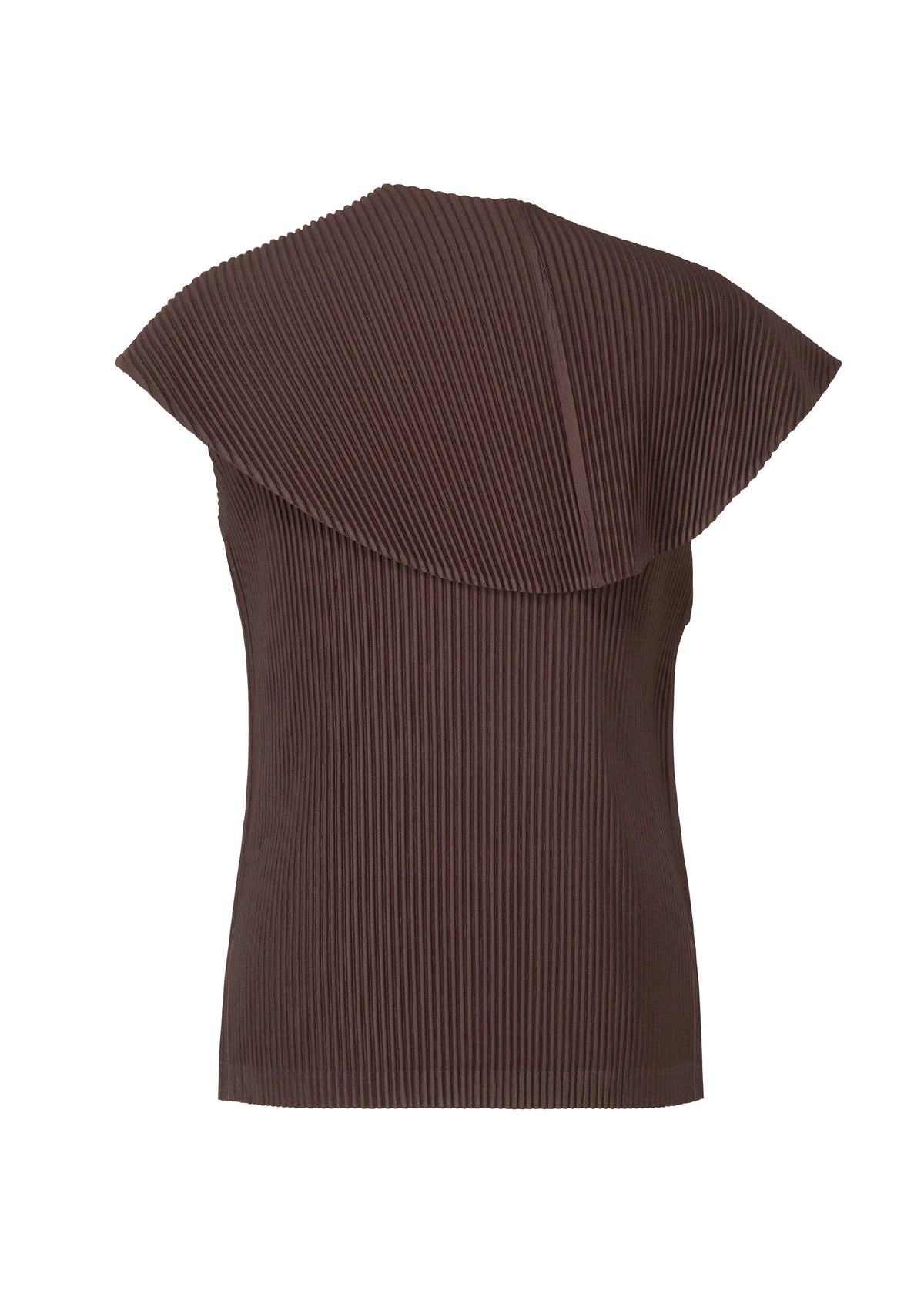 Back view of the MONTHLY COLORS : JANUARY sleeveless dark brown scarf wrap top by HOMME PLISSÉ ISSEY MIYAKE, featuring a pleated design, wide asymmetrical collar, and ribbed texture throughout. view 4 of 7