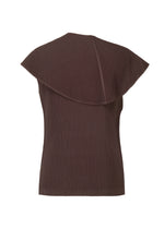 Back view of the MONTHLY COLORS : JANUARY sleeveless dark brown scarf wrap top by HOMME PLISSÉ ISSEY MIYAKE, featuring a pleated design, wide asymmetrical collar, and ribbed texture throughout.