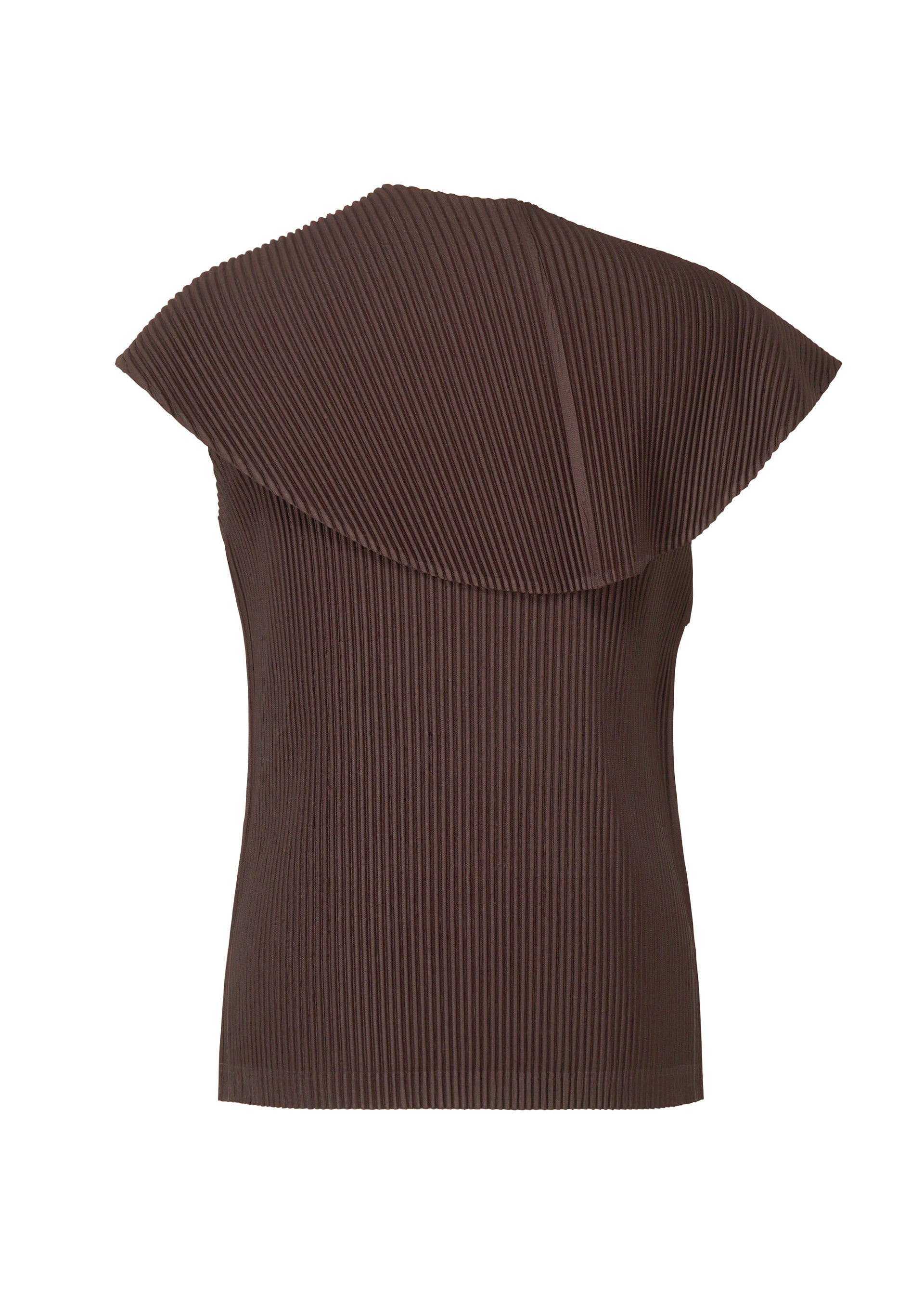 Zoomed view Back view of the MONTHLY COLORS : JANUARY sleeveless dark brown scarf wrap top by HOMME PLISSÉ ISSEY MIYAKE, featuring a pleated design, wide asymmetrical collar, and ribbed texture throughout.